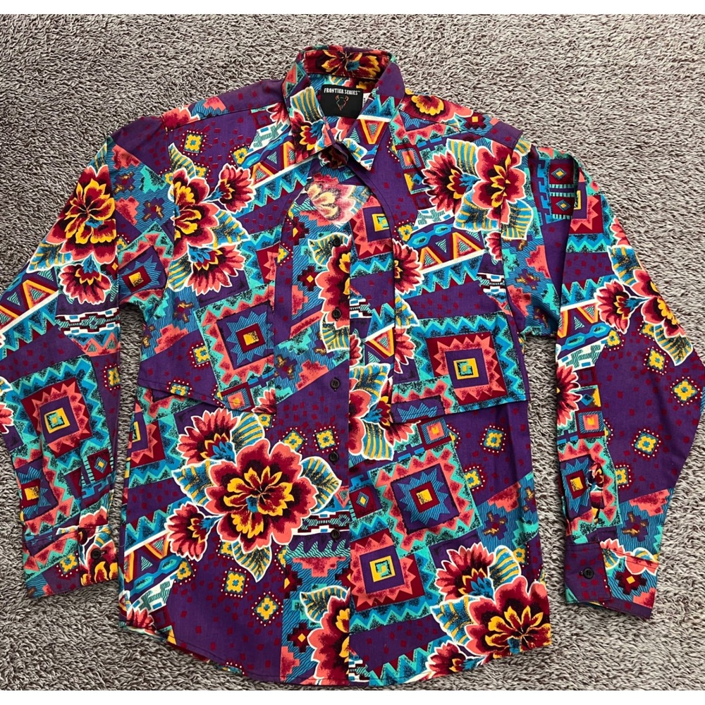 Vintage Frontier Series Womens S Western Shirt Floral Southwestern Faux Vest 90s